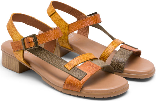 Pair of orange and brown block heel sandals with straps and adjustable buckle.
