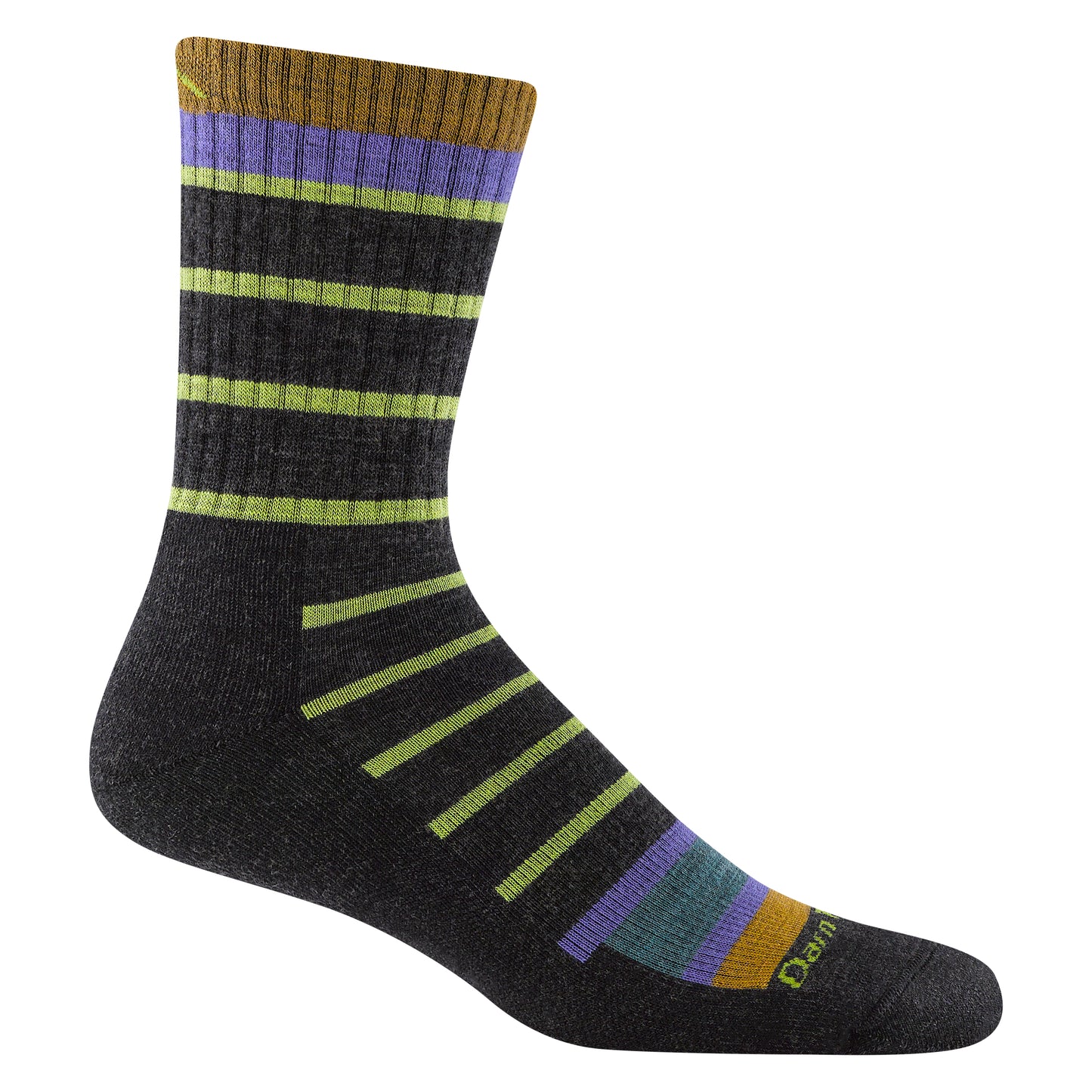 Dark grey sock with light green, purple, and brown horizontal stripes.
