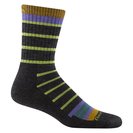 Dark grey sock with light green, purple, and brown horizontal stripes.