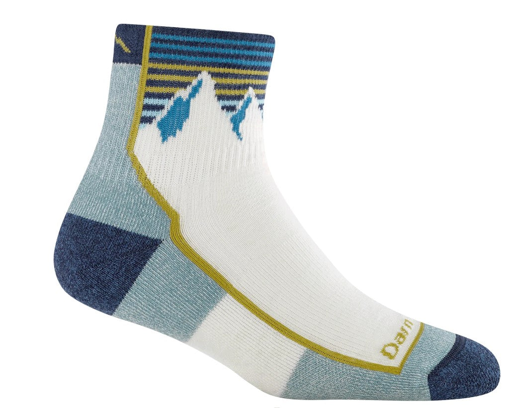 Low-cut sock in white with blue, beige, and grey accents; the sock depicts mountain range illustration.