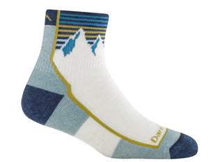 Low-cut sock in white with blue, beige, and grey accents; the sock depicts mountain range illustration.