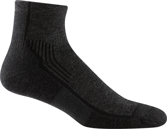 Ankle-length, dark gray sock with ribbed details on the top of the foot and back of the ankle.