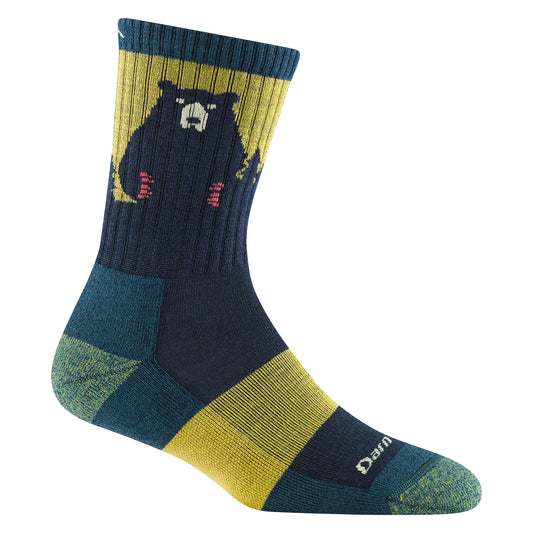 A crew-length sock with a bear design; sock is primarily dark blue with yellow stripes at the top and bottom, and the bear image is in yellow with dark blue features.