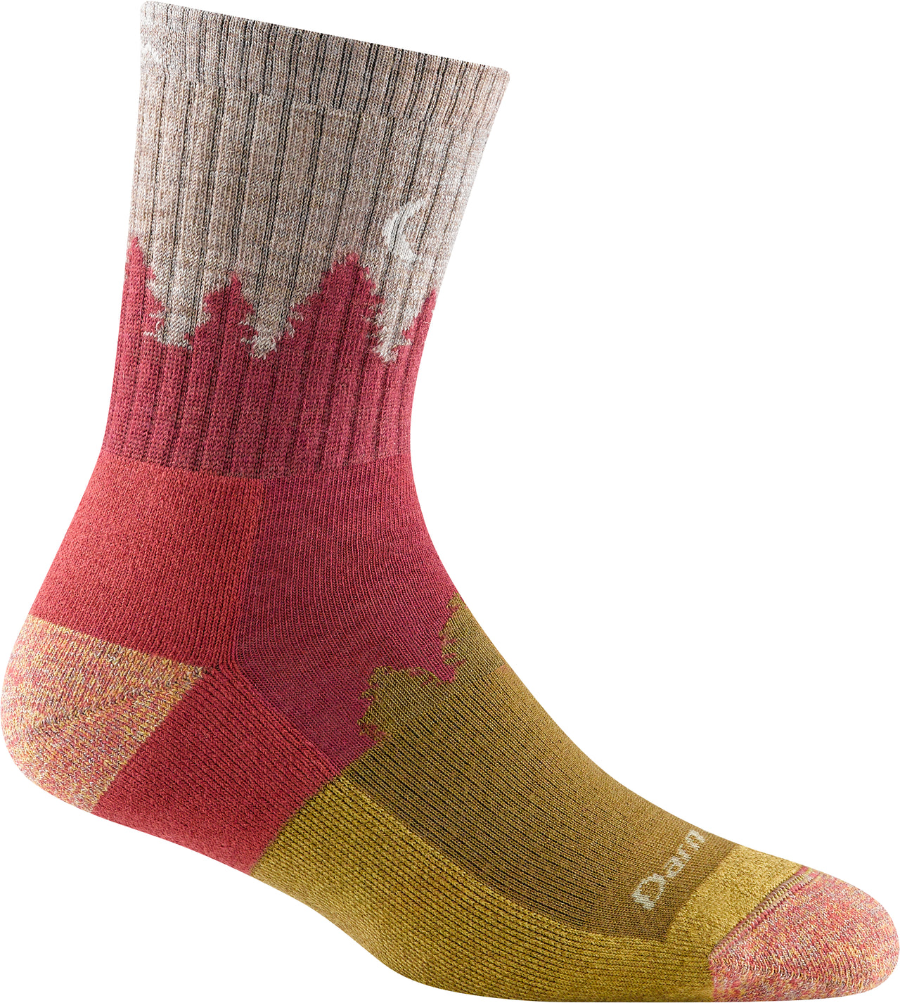 A sock with a color block pattern in red, brown, and tan with the word "Darn" printed on it.
