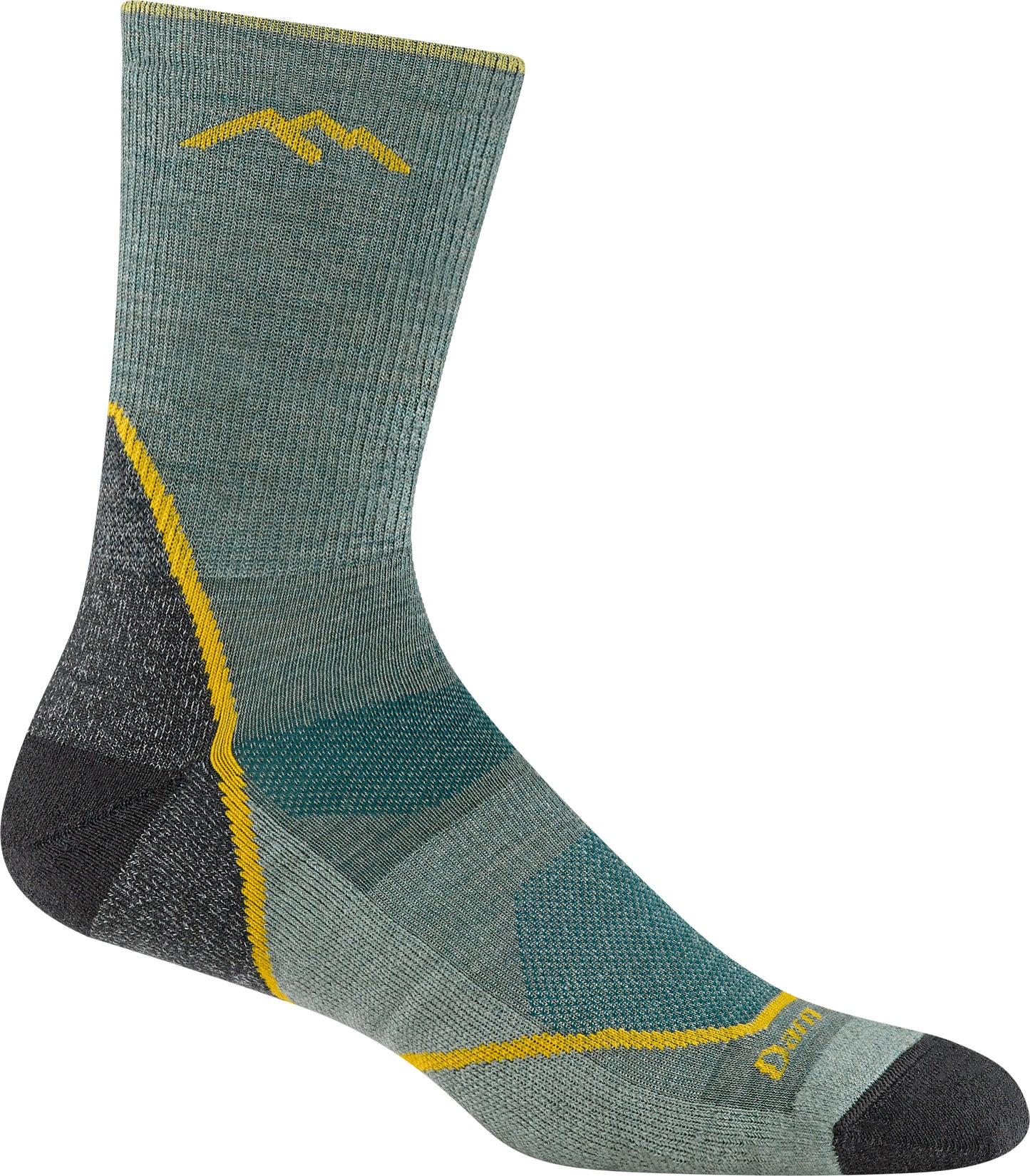 Sage-colored hiking sock with a mountain peak logo, reinforced heel, and yellow accents.