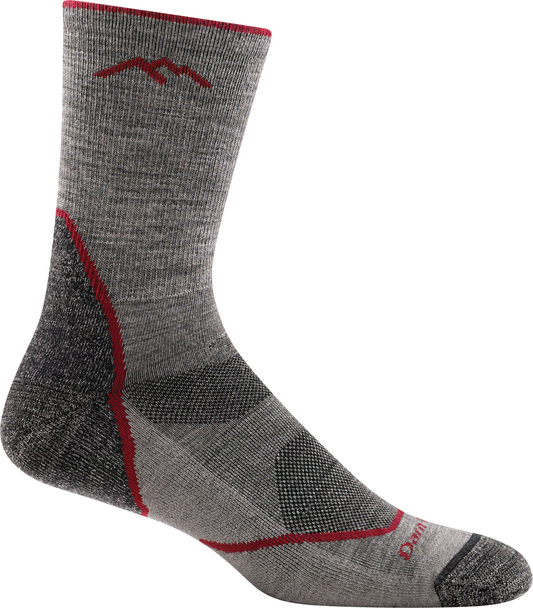 Gray wool hiking sock with a dark gray heel and red accents.