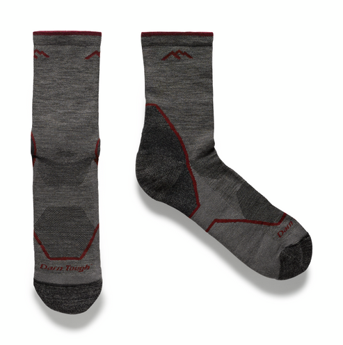 Two gray crew socks with maroon accents.