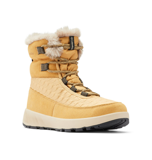 Tan winter boot with faux fur trim and lace-up closure.