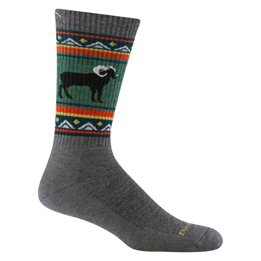 Gray sock with a ram and tribal patterns.