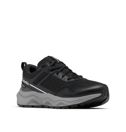 Black athletic shoe with gray wavy sole; "Columbia" text on side.