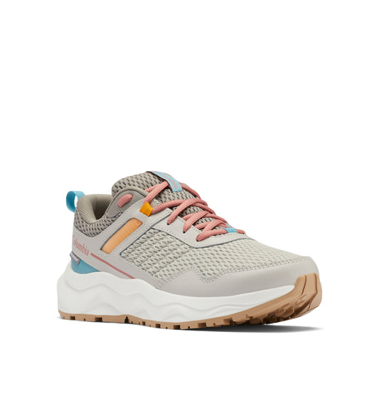 Low top hiking shoe with grey mesh, pink laces, white midsole, brown sole, and colorful accents.
