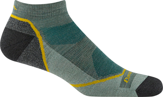 Ankle-length sock with gray, dark gray, green and yellow pattern.