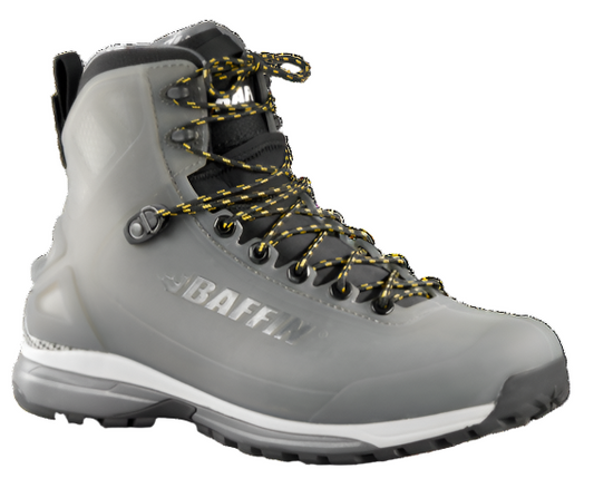 A gray hiking boot with black and yellow laces.