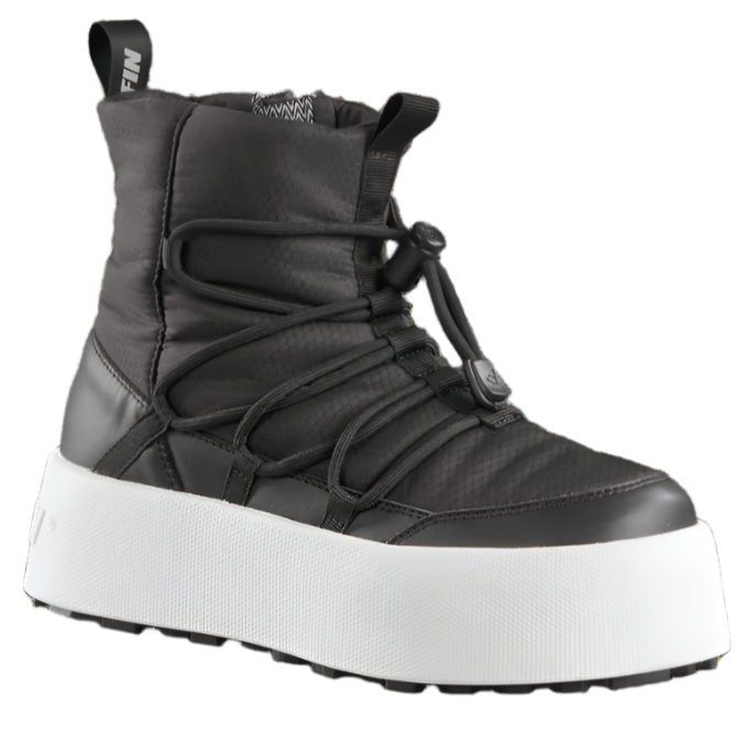 Black insulated boot with thick white platform sole and bungee lacing.