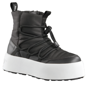 Black insulated boot with thick white platform sole and bungee lacing.