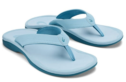 Pair of light blue flip-flops with toe post and matching sole.
