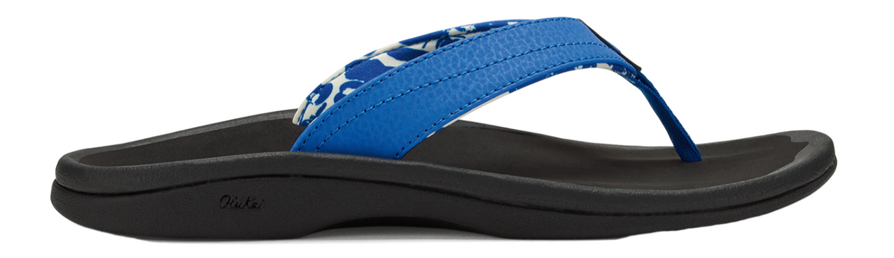A pair of black flip-flops with blue straps.