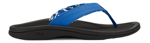 A pair of black flip-flops with blue straps.