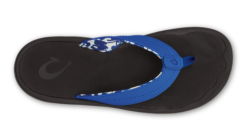 Flip-flop with a black sole and a bright blue strap with a white and blue pattern underneath.