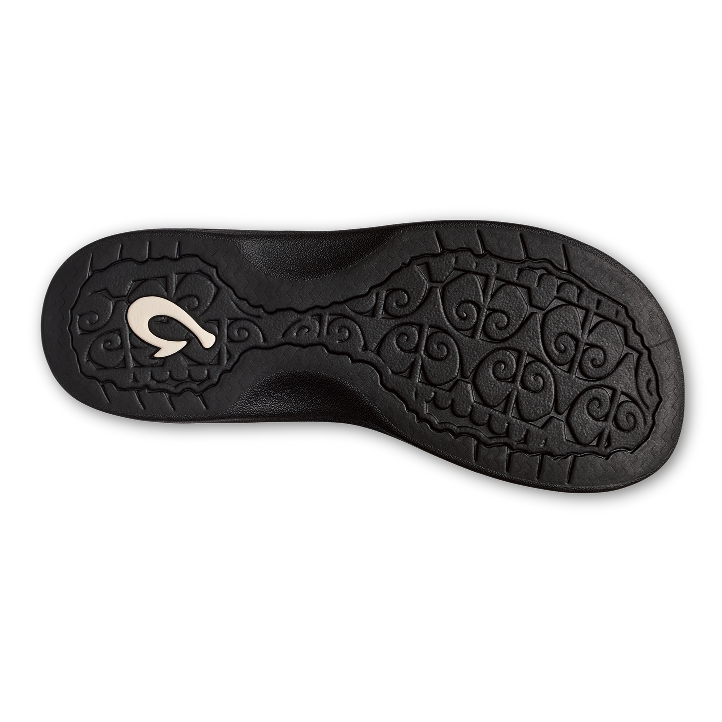 Bottom of a sandal, black with white logo on the heel.