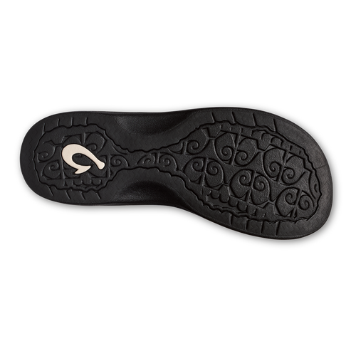 Bottom of a sandal, black with white logo on the heel.