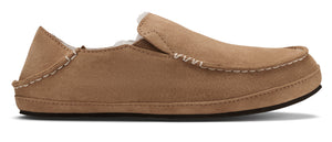 Tan suede loafer slipper with white stitching and plush lining.