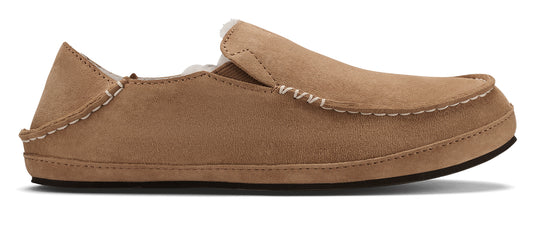 Tan suede loafer slipper with white stitching and plush lining.