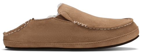 Tan suede moccasin slipper with white stitching.
