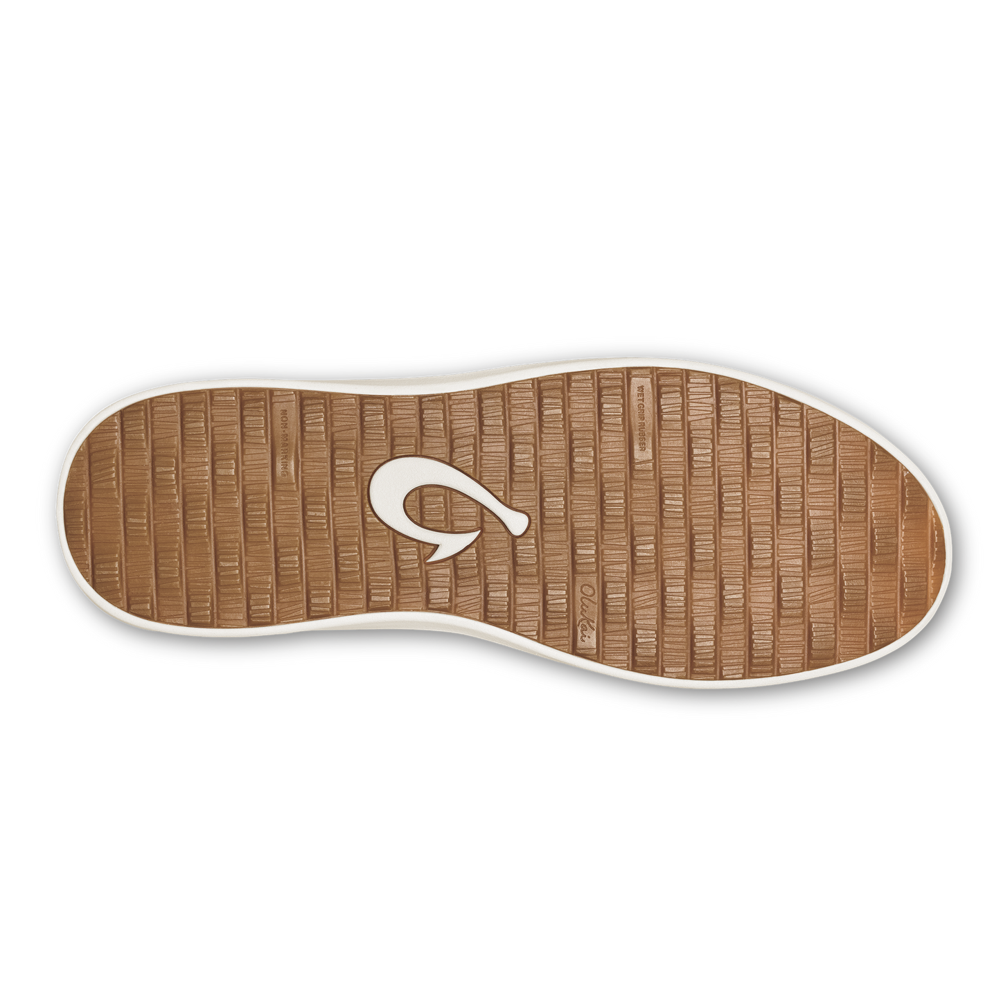 A brown rubber shoe outsole with a textured pattern featuring a white fishhook-shaped logo in the center.