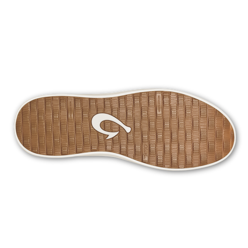 A brown rubber shoe outsole with a textured pattern featuring a white fishhook-shaped logo in the center.