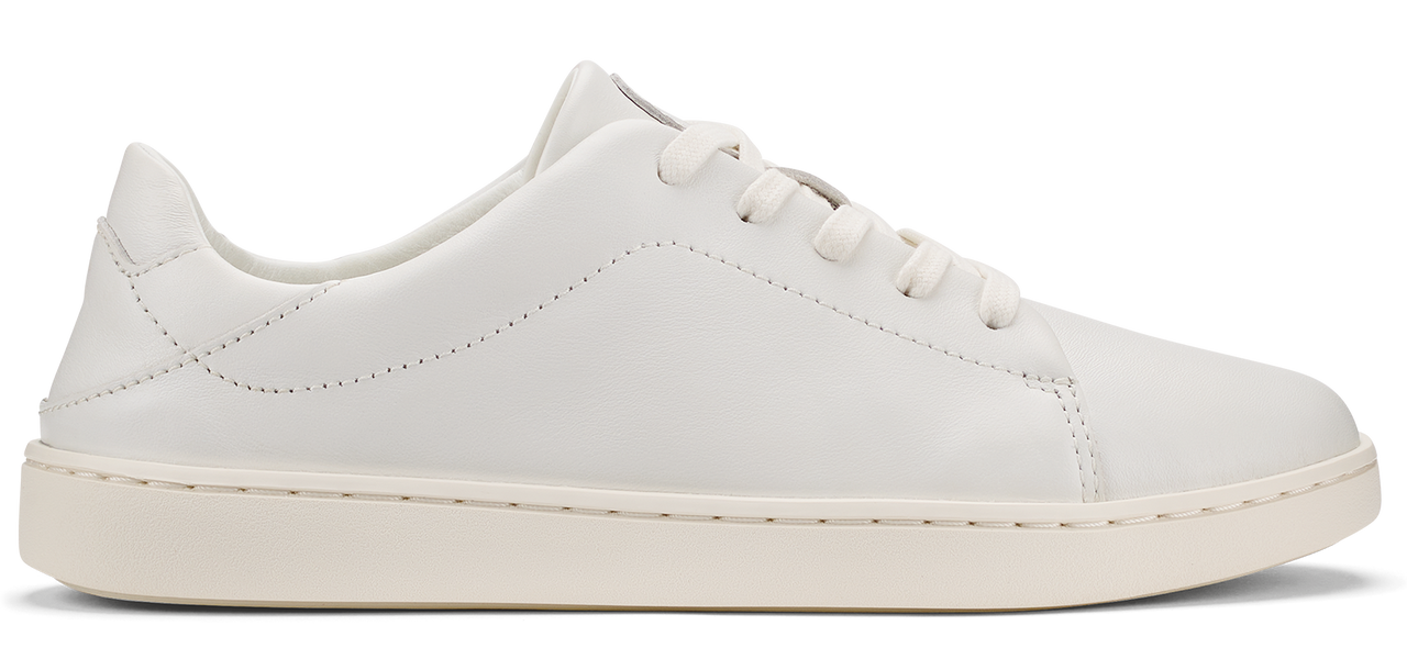 A white leather sneaker with a matching sole and laces.