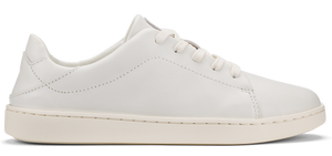 A white leather sneaker with a matching sole and laces.