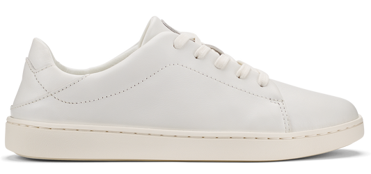 A white leather sneaker with a matching sole and laces.