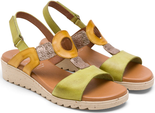 Pair of wedge sandals, having yellow, green, and gold leather straps, and adjustable heel strap.