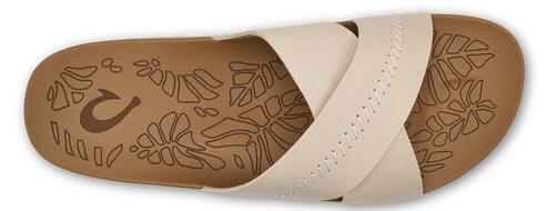 A sandal with crossed straps.