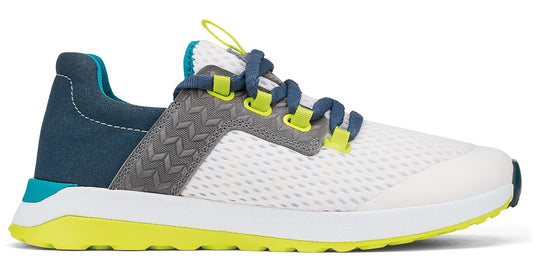 A white athletic shoe with blue laces, a blue and gray heel, and a neon yellow sole.