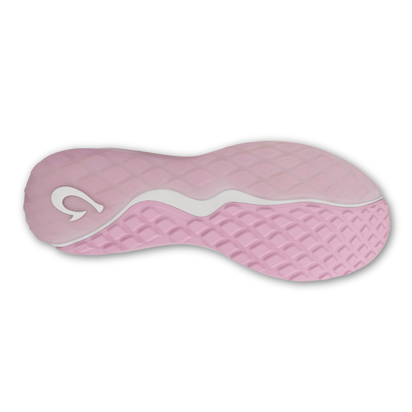 The bottom sole of a pink shoe with a white, wavy, hook-shaped logo on the heel area, featuring a textured tread pattern.