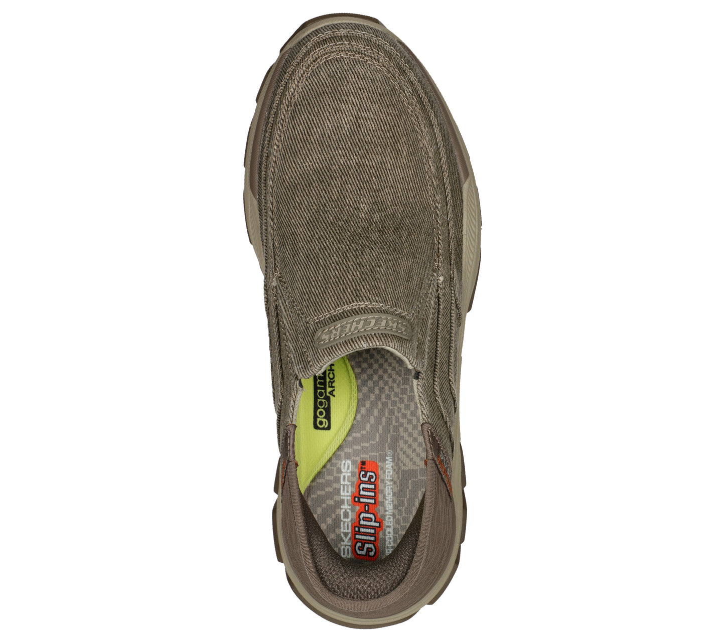 Top-down view of a slip-on shoe with a brown canvas upper, showcasing a cushioned insole labeled 'Skechers Slip-ins' and 'Goodyear.'