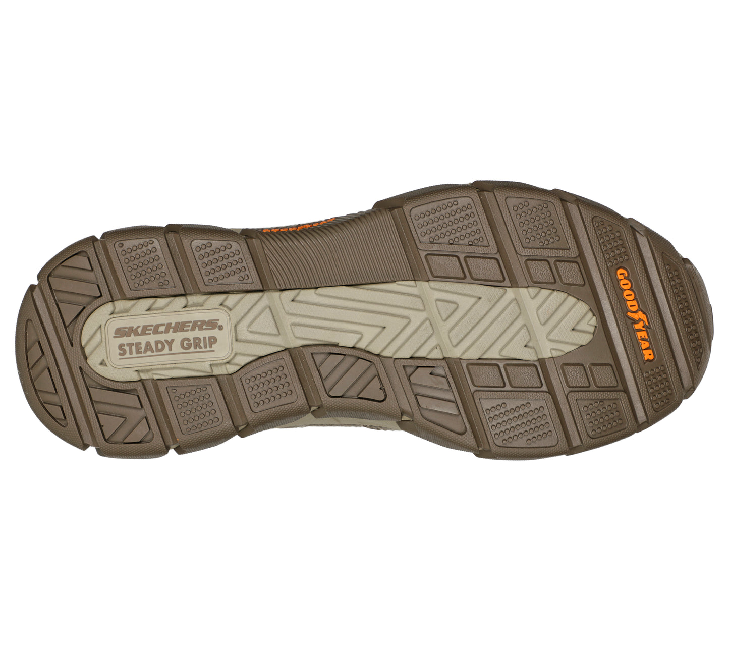 Brown shoe sole with beige tread and "Steady Grip" and "Goodyear" text.