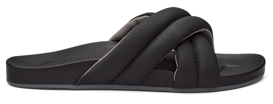 A black slide sandal with padded criss-cross straps.