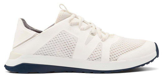 White sneaker with a navy sole and white laces.