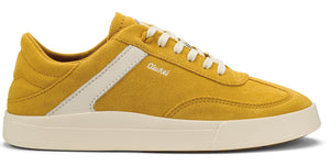 Low-profile mustard-colored suede sneaker with off-white laces and stripe.