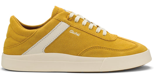 Low-profile mustard-colored suede sneaker with off-white laces and stripe.