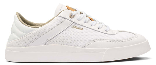 A white sneaker with laces.
