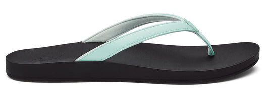A black flip-flop with mint green straps.