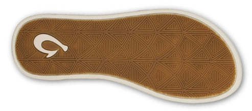 Shoe sole with geometric pattern and a hook-shaped logo.