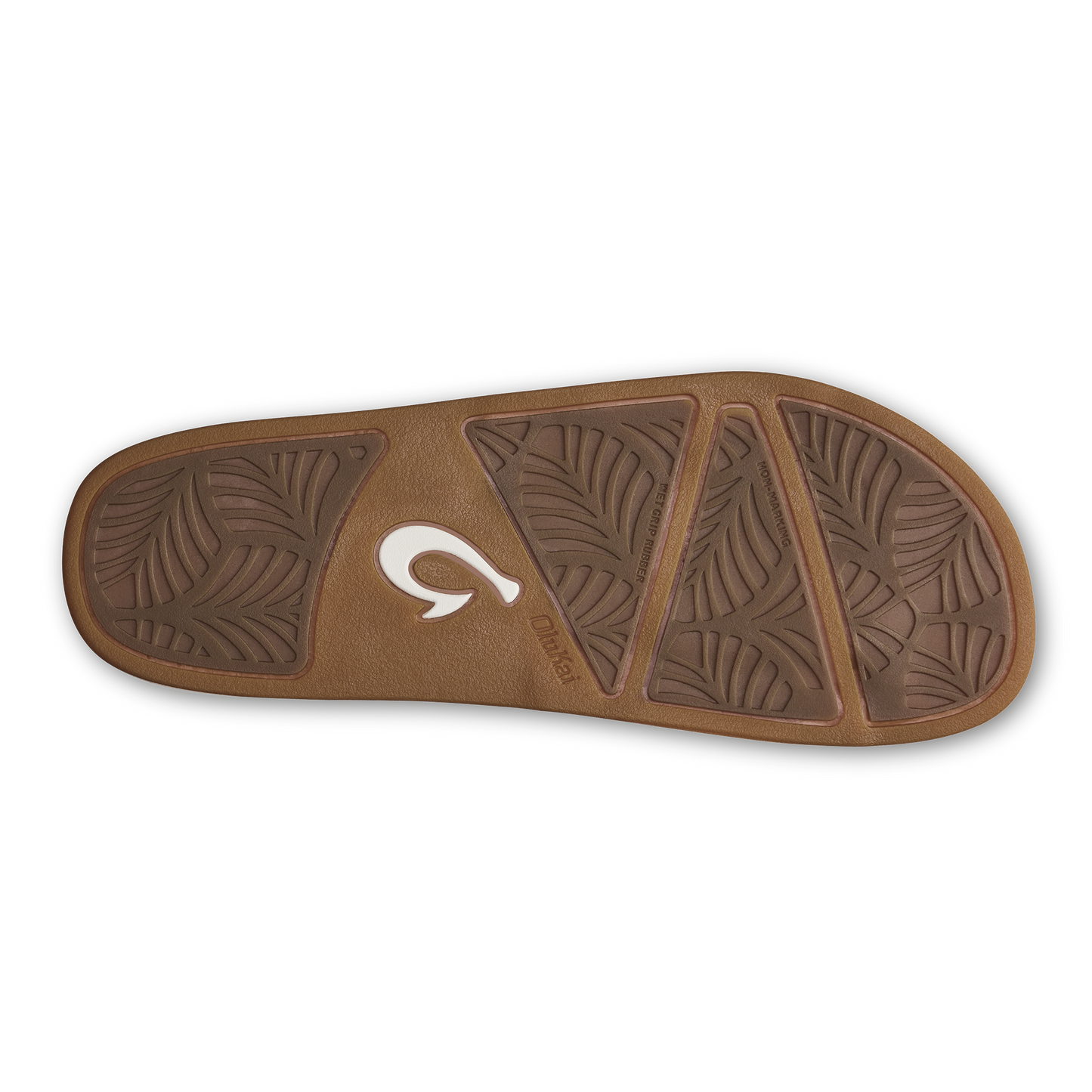 The brown rubber outsole of a sandal featuring a leaf-pattern tread, a white hook-shaped logo in the center, and the embossed word 'OluKai'.