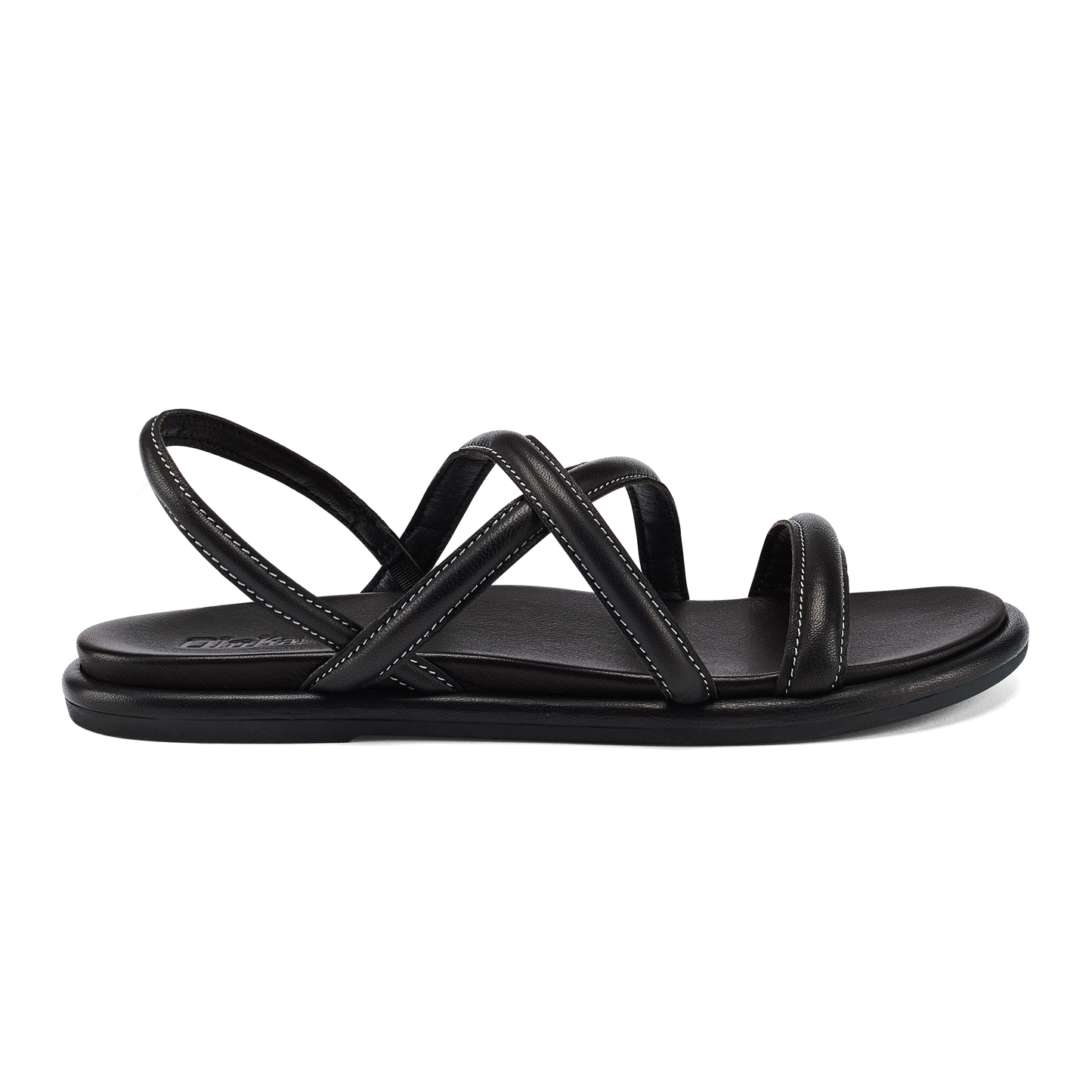 A black leather flat sandal with a back strap and two wide crossed straps over the bridge of the foot, featuring white contrast stitching.