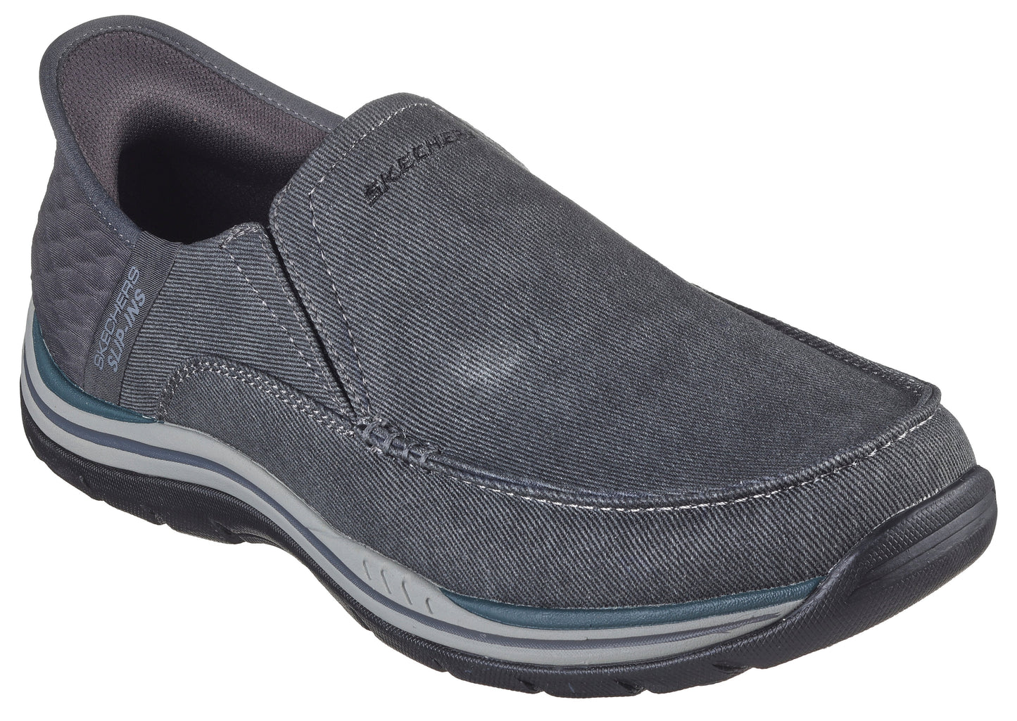 Slip-on gray casual shoe with 'SKECHERS' stitched near the top, decorative stitching near the sole, and a padded heel.