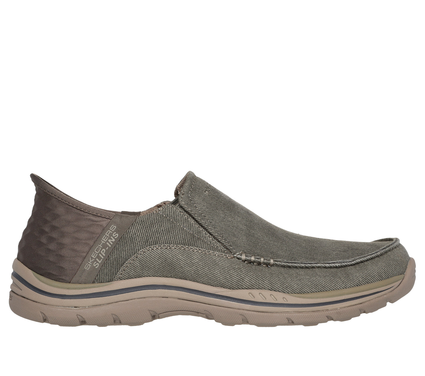 Green canvas slip-on shoe with a tan sole.
